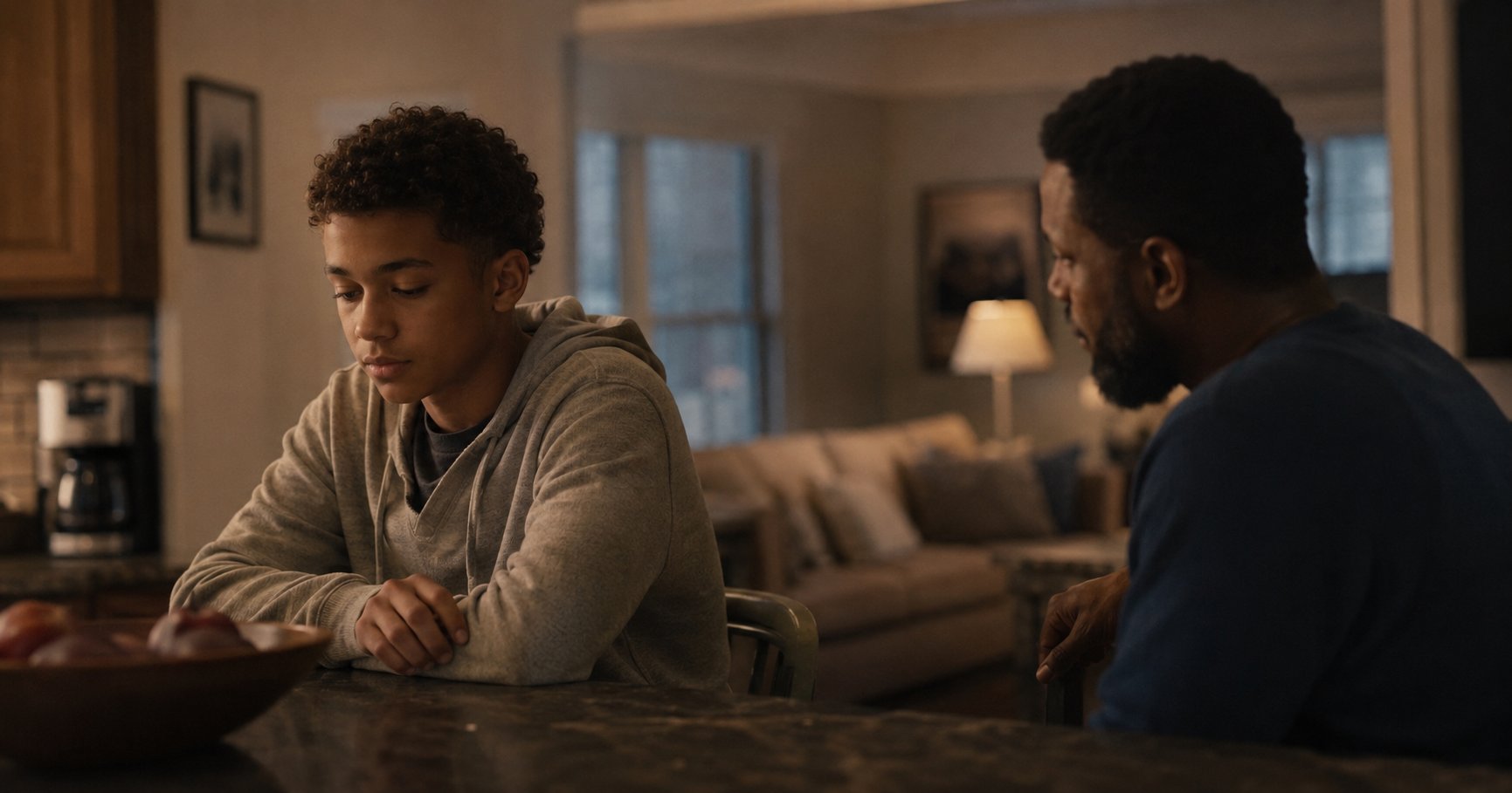 A father sits beside his teenager at the kitchen counter in the evening. The teen looks down, guarded. The father is present and calm, not demanding.